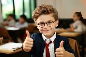 A photo of Portrait of cute schoolboy with glasses showing thumbs up in classroom Generative AI