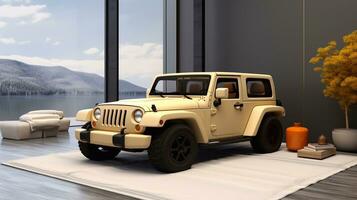 A photo of 3D rendering of a brand less generic car or jeep in a modern interior Standing in the showroom Generative AI