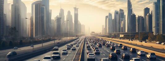 Drone view photo Traffic jam in road. Traffic jam at rush hour. traffic block at road Generative AI