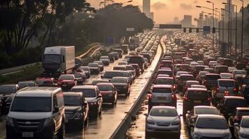 frente ver tráfico mermelada en la carretera. tráfico mermelada a prisa hora. tráfico bloquear a la carretera generativo ai foto