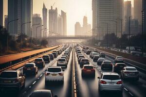 A shot of Traffic jam in road. Traffic jam at rush hour. traffic block at road Generative AI photo