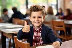 A image of Portrait of cute schoolboy with glasses showing thumbs up in classroom Generative AI photo