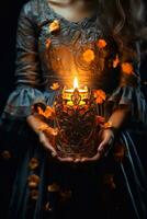 A photo of Candle in the hands of a woman on a dark background beautiful little girl with a candle in her hands Generative AI