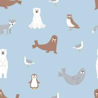 Seamless pattern Cute Arctic animals. Vector illustration with funny polar animals. Polar bear walrus seal seagull scribe owl.