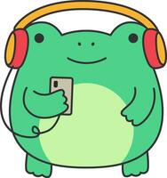 Funny frog listening to music with headphones. Vector illustration in cartoon style.