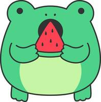 Cute frog with watermelon in its mouth. Vector illustration.