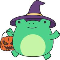 Cute cartoon frog in witch costume with pumpkin. Vector illustration.