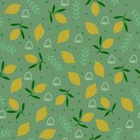 Vector seamless pattern with lemons, doodles on green background. Retro vibes fruits pattern, vintage kitchen background