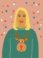 Cute Christmas postcard with beautiful blond girl wearing ugly Christmas sweater with reindeer and confetti. Christmas postcard with woman vector