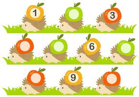 Educational game for kids, math activity worksheet. Fill in the missing numbers. Hedgehog with apple vector