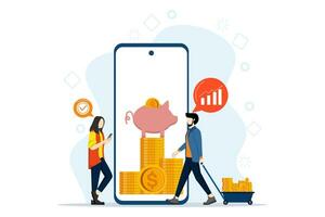 Application concept for online banking and saving money. man rolling cart with gold coins. Business people save money in online banks with interest. Piggy bank on phone screen. Vector illustration.