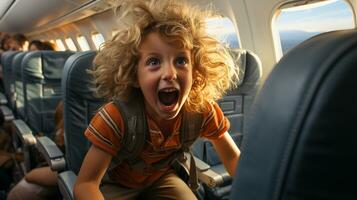 airado niño causando violencia en un avión molesto todos en tablero. generativo ai. foto