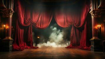 Theatre Stage with Red Velvet Curtains On Fire. Generative AI. photo