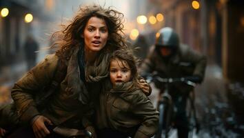 asustado madre y joven niño hija corriendo en el calles de su guerra devastado ciudad. generativo ai. foto