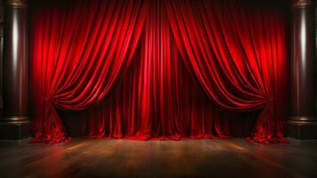 Dramatically Lit Lustrous Red Velvet Theatre Curtains and Wooden Stage Floor. Generative AI. photo