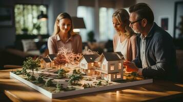 Real Estate Agent Discussing with a Young Adult Couple A New Housing Development Model on the Table In Front of Them. Generative AI. photo