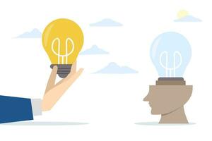 human head with dead light bulb. Mentor's hand gives new ideas. Concept of brainstorming, improvement of thinking. Guidance, business coach helps startup development, idea pitching. vector. vector