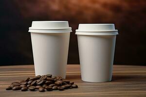 Ai generated two cups of freshly brewed black coffee in stylish plain eco-cups. Americano, espresso, latte, cappuccino is suitable for coffee shops and as a mockup for logos. photo