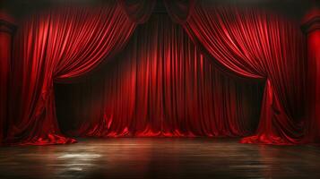 dramáticamente iluminado lustroso rojo terciopelo teatro cortinas y de madera etapa piso. generativo ai. foto