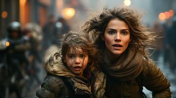 Frightened Mother and Young Child Daughter Running in the Streets of Their War Ravaged City. Generative AI. photo