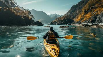 Kayaker Paddling Along a Beautiful Calm Mountain River. Generative AI. photo