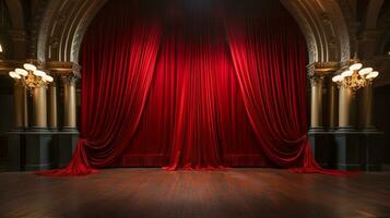 Dramatically Lit Lustrous Red Velvet Theatre Curtains and Wooden Stage Floor. Generative AI. photo