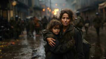 asustado madre y joven niño hijo corriendo en el calles de su guerra devastado ciudad. generativo ai. foto