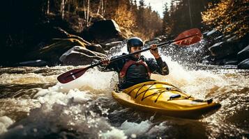 Kayaker Paddling Turbulent Whitewater Rapids on a Mountain River. Generative AI. photo