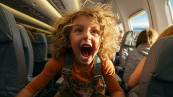 Irate Child Causing Mayhem On An Airplane Bothering Everyone On Board. Generative AI. photo