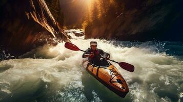 Kayaker Paddling Turbulent Whitewater Rapids on a Mountain River. Generative AI. photo