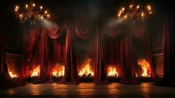 Theatre Stage with Red Velvet Curtains On Fire. Generative AI. photo