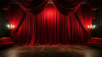 Dramatically Lit Lustrous Red Velvet Theatre Curtains and Wooden Stage Floor. Generative AI. photo