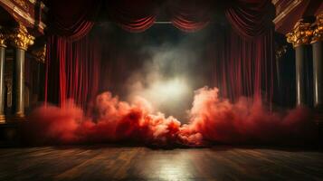 Theatre Stage with Red Velvet Curtains On Fire. Generative AI. photo