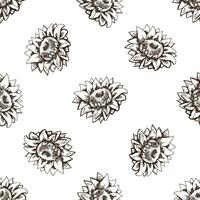 Seamless pattern of hand drawn sunflower. Monochrome flower doodle. Black and white vintage element. Vector sketch. Detailed retro style.