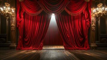 Dramatically Lit Lustrous Red Velvet Theatre Curtains and Wooden Stage Floor. Generative AI. photo