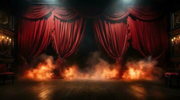 Theatre Stage with Red Velvet Curtains On Fire. Generative AI. photo