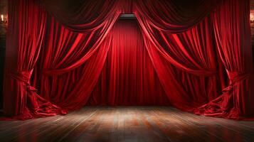 Dramatically Lit Lustrous Red Velvet Theatre Curtains and Wooden Stage Floor. Generative AI. photo