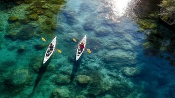 Aerial View of Two Kayakers Paddling Along a Beautiful Mountain River. Generative AI. photo