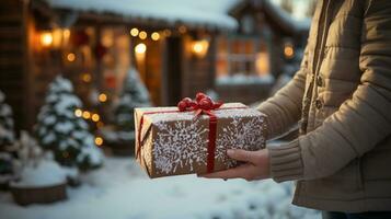 The Hands of a Man Holding a Wrapped Christmas Gift Walking Toward a House on a Snowy Winter Evening. Generative AI. photo