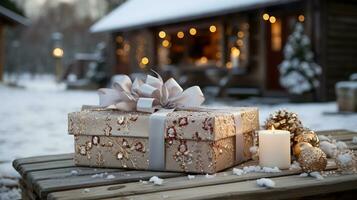 hermosamente envuelto Navidad regalos descansando en un de madera mesa en un invierno Nevado al aire libre escena cerca un Iniciar sesión cabina. generativo ai. foto