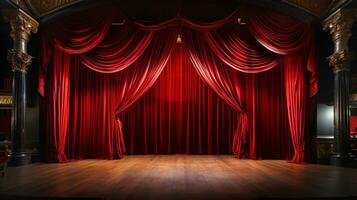 Dramatically Lit Lustrous Red Velvet Theatre Curtains and Wooden Stage Floor. Generative AI. photo