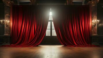 Dramatically Lit Lustrous Red Velvet Theatre Curtains and Wooden Stage Floor. Generative AI. photo