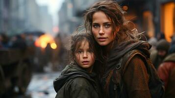 Frightened Mother and Young Child Daughter Running in the Streets of Their War Ravaged City. Generative AI. photo