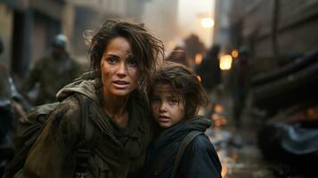 asustado madre y joven niño hija corriendo en el calles de su guerra devastado ciudad. generativo ai. foto