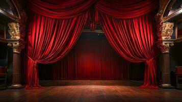 Dramatically Lit Lustrous Red Velvet Theatre Curtains and Wooden Stage Floor. Generative AI. photo