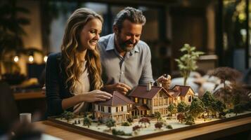 Young Adult Couple Discussing A New Housing Development Model on the Table In Front of Them. Generative AI. photo