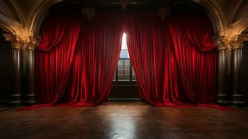 Dramatically Lit Lustrous Red Velvet Theatre Curtains and Wooden Stage Floor. Generative AI. photo