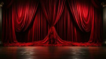 Dramatically Lit Lustrous Red Velvet Theatre Curtains and Wooden Stage Floor. Generative AI. photo