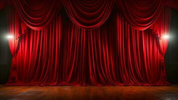 Dramatically Lit Lustrous Red Velvet Theatre Curtains and Wooden Stage Floor. Generative AI. photo