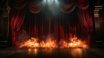 Theatre Stage with Red Velvet Curtains On Fire. Generative AI. photo